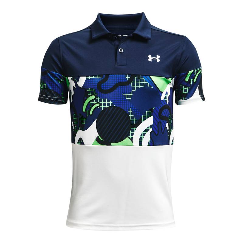 Obrázok ku produktu Juniorská polokošeľa Under Armour golf Performance Cool Supplies Polo biela/modrá/vzor